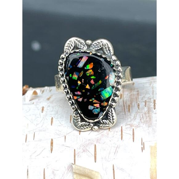 925 Sterling Silver Adjustable Ring Black Fire Opal Women Ring Southwest STUNNER - Picture 1 of 5